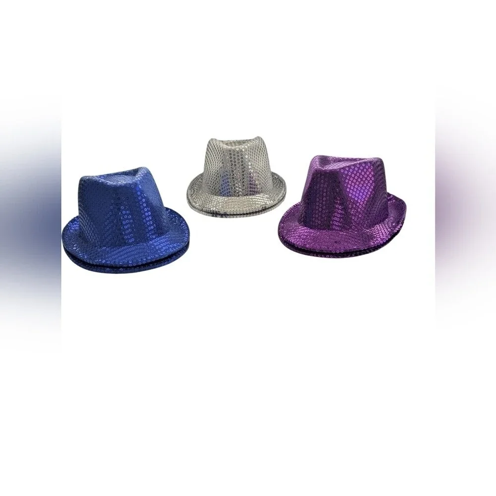 NWT Solid Color Sequins Glitter Party Fedora Hats - Blue, Silver, & Purple